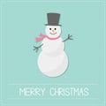 Cartoon Snowman with hat and scarf. Blue background. Dash line. Merry Christmas card. Flat design
