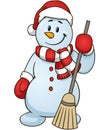 Cartoon snowman holding a broom. Vector clip art illustration simple gradients Royalty Free Stock Photo