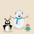 Cartoon of snowman, penguin and bird.