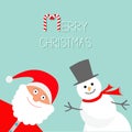 Cartoon Snowman and Santa Claus. Blue background. Candy cane. Merry Christmas card. Flat design Royalty Free Stock Photo