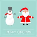 Cartoon Snowman and Santa Claus. Blue background. Dash line. Merry Christmas card. Royalty Free Stock Photo