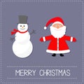 Cartoon Snowman and Santa Claus. Violet background. Dash line. Merry Christmas card. Flat design