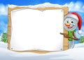 Cartoon Snowman Santa Hat Sign Scene