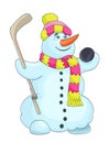 Cartoon snowman with scarf, hat, and hockey stick