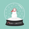 Cartoon Snowman, scarf and headphones on snowdrift Crystal ball with snowflakes.