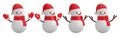 Cartoon snowman set with branch hands wearing in red scarf, mittens and Santa hat. 3D rendering. Royalty Free Stock Photo