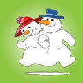 Cartoon snowman and snow woman walking hand in hand happily vector illustration Royalty Free Stock Photo