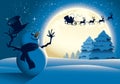 Cartoon Snowman Waving To Santa Sleigh - Blue