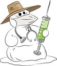 Cartoon Snowman wearing a protective mask against Corona Virus holding a vaccine in his hands Royalty Free Stock Photo