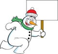 Cartoon snowman wearing a stocking cap and a scarf running while holding a sign.