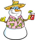 Cartoon snowman wearing a straw hat and holding a tropical drink.