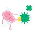 Cartoon soap character fighting with virus isolated on white background. Vector illustration