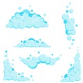 Cartoon soap foam set with bubbles. Light blue suds of bath, shampoo, shaving, mousse. Vector illustration