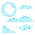 Cartoon soap foam set with bubbles. Light blue suds of bath, shampoo, shaving, mousse. Vector illustration Royalty Free Stock Photo