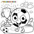 Champion cartoon soccer ball holding a trophy. Vector black and white coloring page.