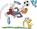 Cartoon soccer player taking a reverse shot while his pet friends watching anxiously vector