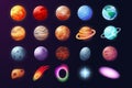 Cartoon Solar system. Astronomical objects in planetary system, Mars Venus Earth Moon Jupiter. Vector set