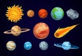 Cartoon solar system planets. Astronomical observatory small planet. Astronomy galaxy space. Sun Mercury Venus Earth