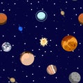 Cartoon solar system planets. Astronomical observatory small planet pluto, venus mercury neptune uranus Seamless pattern Royalty Free Stock Photo