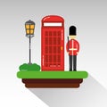 Cartoon soldier of guard royal in traditional uniform cabin telephone and street lamp