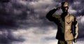 Cartoon soldier saluting against storm clouds