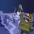 Cartoon soldier shouting aiming a pistol at the top