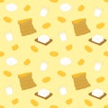 Cartoon soy food seamless pattern background with tofu or bean curd, soy milk and soybean or soya bean in a sack.