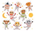 Cartoon space animals astronaut. Funny little astronauts in suits. Universe research characters, animal travel and