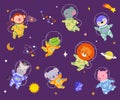Cartoon space animals astronaut suits flying with stars and planet. Cute lion, monkey and koala. Funny cartoon nowaday