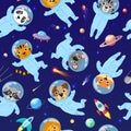 Cartoon space animals cosmonauts, astronauts seamless pattern. Cute space galaxy astronauts in space suits vector