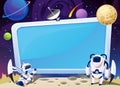 Cartoon space background with empty computer screen in the middle. Vector cosmic illustration for party, greeting card, invitation
