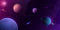 Cartoon space background. Starry universe sky with alien planets. Asteroids and nebula. Science fiction galaxy wallpaper