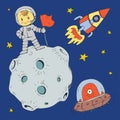 Cartoon space for children. Moon, stars, planet, asteroid, astrounaut, rocket, spaceship, alien, ufo. Adventure, travel