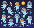 Cartoon space cosmonaut animals, cute animal astronauts. Galaxy space animals koala, racoon, leo and sloth vector