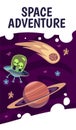 Cartoon space flyer. Celestial objects, planet jupiter and comet, flying ufo with green cute aliens, adventure in cosmos