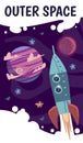 Cartoon space flyer. Celestial objects, spaceship and planets in cosmos, flying rocket, adventure and exploration