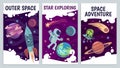 Cartoon space flyers. Astronomy future presentation. Galaxy explorers, universe journey with astronaut, comet and rocket Royalty Free Stock Photo