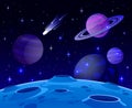 Cartoon space landscape. Cosmic planet surface, futuristic celestial bodies landscape, galaxy stars and comets view