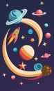 cartoon space. The rocket is flying among the stars and planets. vector illustration Royalty Free Stock Photo