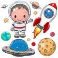 Cartoon space set of astronaut, rocket and planets Royalty Free Stock Photo