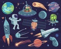 Cartoon space set. Cute astronauts and ufo aliens, satellite planets and stars. Meteorite and spaceship kids wallpapers