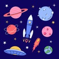 Cartoon space set. Rocket, planets, moon, comet, satellite planets and stars. Meteorite and spaceship Royalty Free Stock Photo