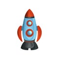 Cartoon space ship with round windows. Detailed rocket in blue, red and gray colors. Modern flying technology for Royalty Free Stock Photo