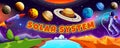 Cartoon space. Solar system. Galaxy planets. Universe exploration. Astronaut in spacesuit. Stars and comets. Flying