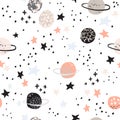 Cartoon space themed background: cute planets, moon, stars, galaxy, milky way with grunge, doodle textures