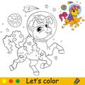 Cartoon space unicorn with stars coloring book page vector