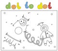 Cartoon spaceman and rocket in the open space. Coloring book and dot to dot game for kids