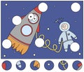 Cartoon spaceman and rocket in the open space. Complete the puzzle and find the missing parts of the picture. Game for kids