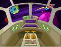 Cartoon spaceship cabin interior with windows into space with alien planets vector illustration