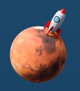 Cartoon Spaceship Landed on Mars on Blue Background